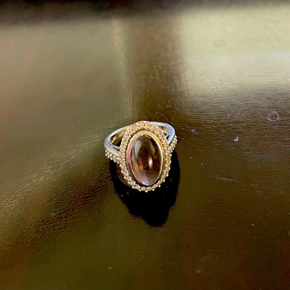 Sterling Silver Smokey Quartz and White Topaz Ring. Size 7.